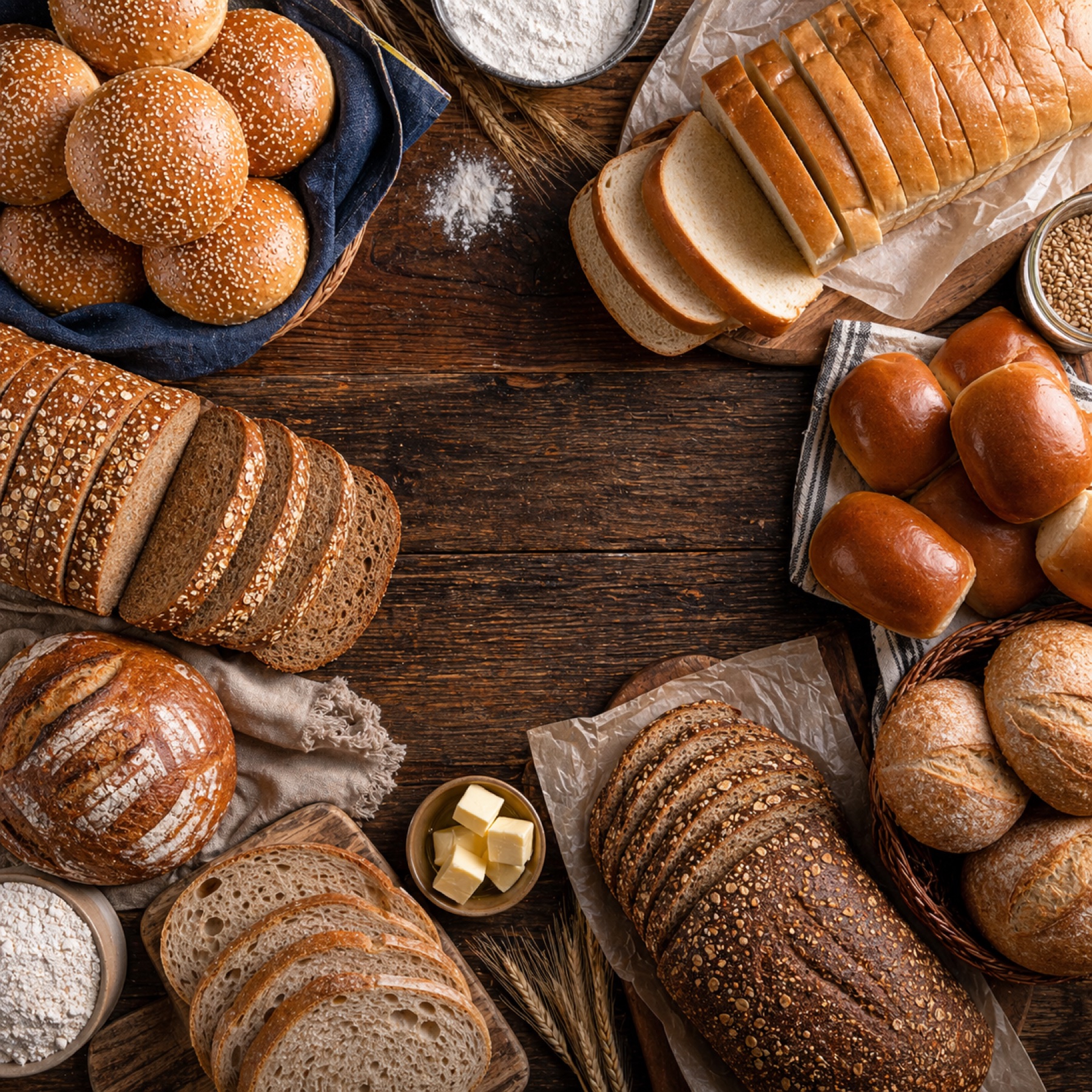 Assorted buns and sliced breads arranged on a bakery table