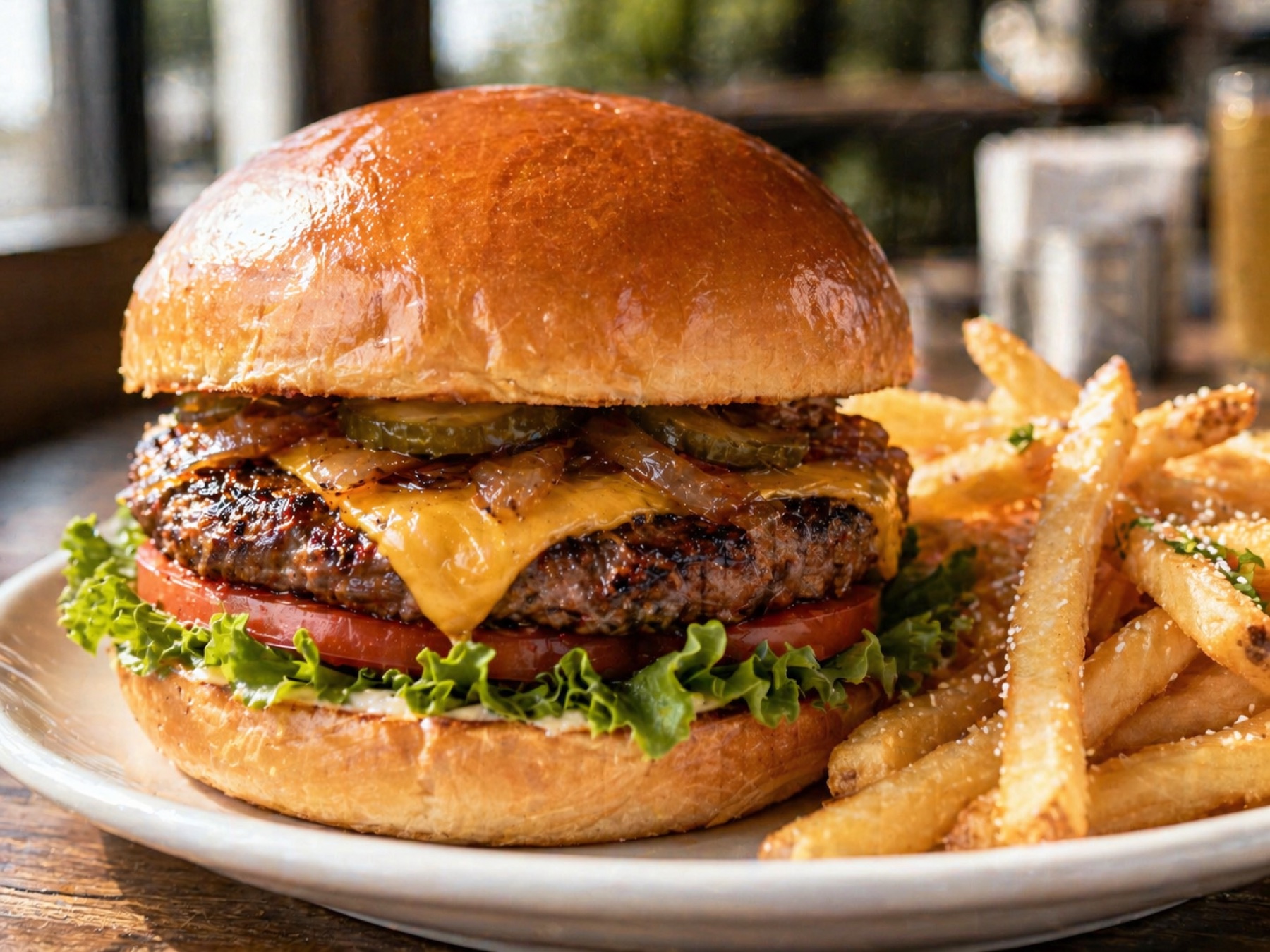 Restaurant burger on a glossy brioche bun