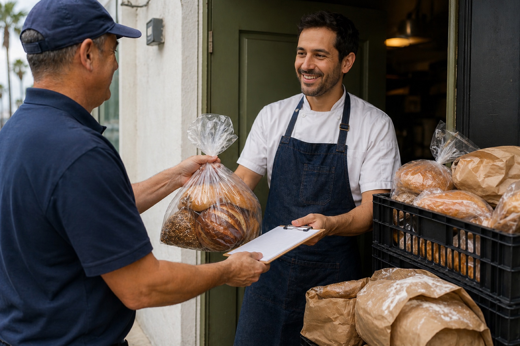 Bread delivery handoff between driver and restaurant manager