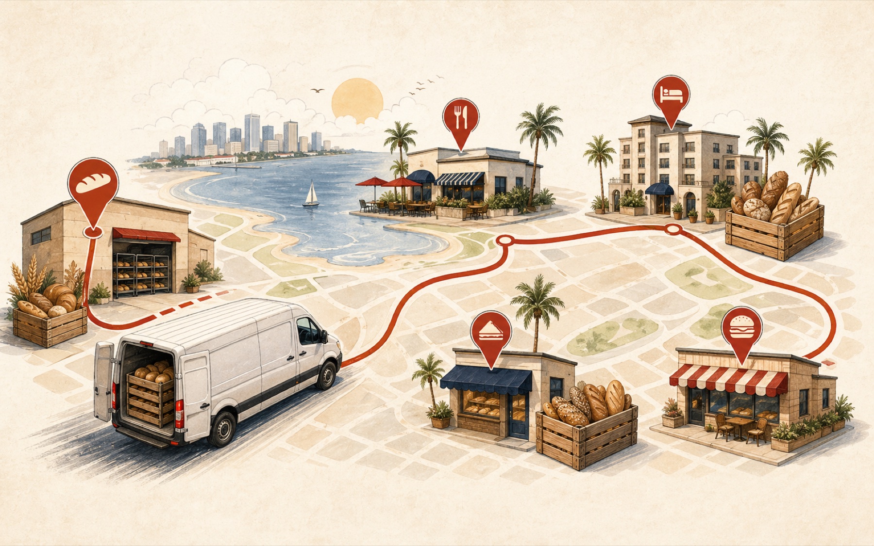 Illustrated bread delivery route connecting local restaurants and hotels
